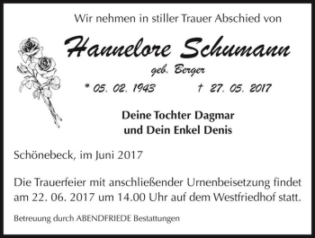Traueranzeige von Hannelore Schumann (geb. Berger)  von Magdeburger Volksstimme