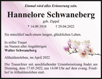 Traueranzeige von Hannelore Schwaneberg (geb. Zippel)  von Magdeburger Volksstimme