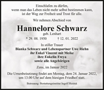 Traueranzeige von Hannelore Schwarz (geb. Lenhart)  von Magdeburger Volksstimme