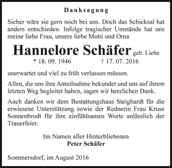 Traueranzeige von Hannelore Schäfer (geb. Liebe)  von Magdeburger Volksstimme