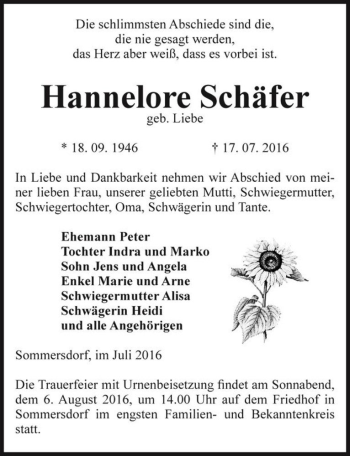 Traueranzeige von Hannelore Schäfer (geb. Liebe)  von Magdeburger Volksstimme