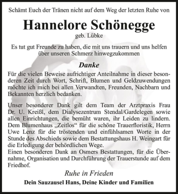 Traueranzeige von Hannelore Schönegge (geb. Lübke)  von Magdeburger Volksstimme