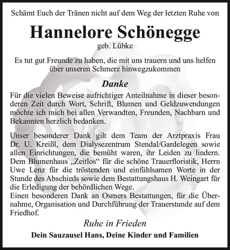  Traueranzeige für Hannelore Schönegge (geb. Lübke)  vom 03.04.2021 aus Magdeburger Volksstimme