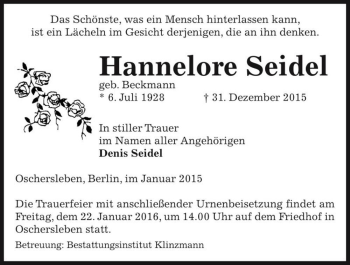 Traueranzeige von Hannelore Seidel (geb. Beckmann)  von Magdeburger Volksstimme