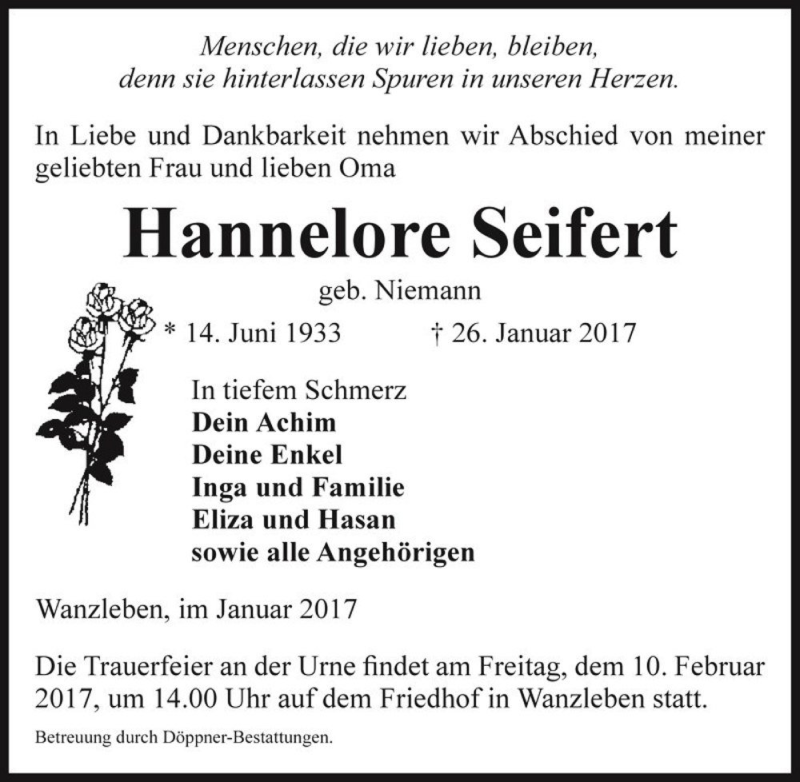  Traueranzeige für Hannelore Seifert (geb. Niemann)  vom 04.02.2017 aus Magdeburger Volksstimme