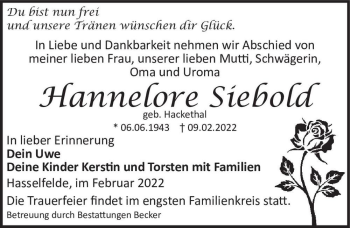 Traueranzeige von Hannelore Siebold (geb. Hackethal)  von Magdeburger Volksstimme
