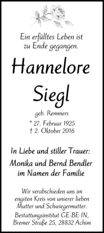 Traueranzeige von Hannelore Siegl (geb. Remmers)  von Magdeburger Volksstimme