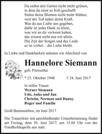 Traueranzeige von Hannelore Siemann (geb. Poerschke)  von Magdeburger Volksstimme