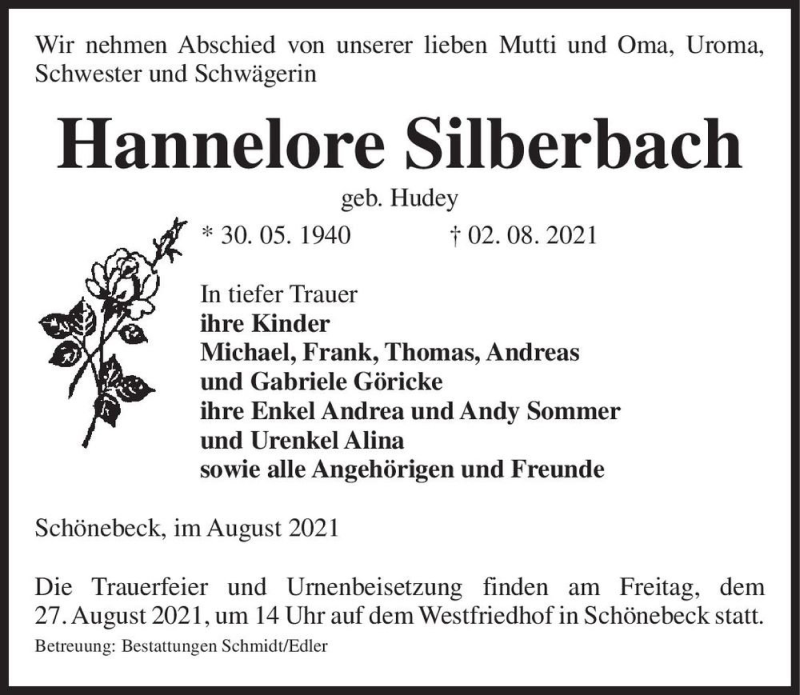 Traueranzeige für Hannelore Silberbach (geb. Hudey)  vom 21.08.2021 aus Magdeburger Volksstimme