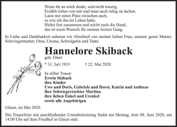 Traueranzeige von Hannelore Skiback (geb. Ebert)  von Magdeburger Volksstimme