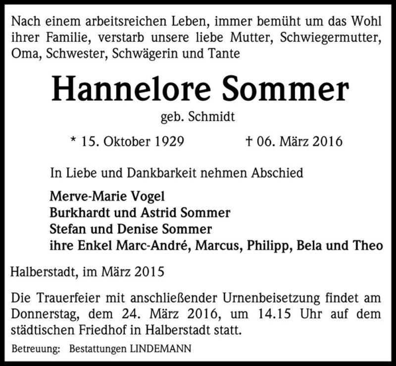  Traueranzeige für Hannelore Sommer (geb. Schmidt)  vom 12.03.2016 aus Magdeburger Volksstimme