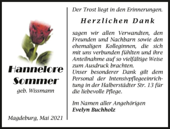 Traueranzeige von Hannelore Sommer (geb. Wissmann)  von Magdeburger Volksstimme