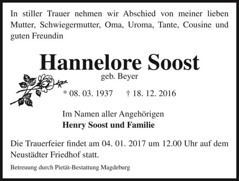 Traueranzeige für Hannelore Soost (geb. Beyer)  vom 31.12.2016 aus Magdeburger Volksstimme