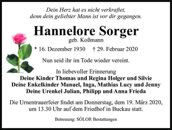 Traueranzeige von Hannelore Sorger (geb. Koßmann)  von Magdeburger Volksstimme
