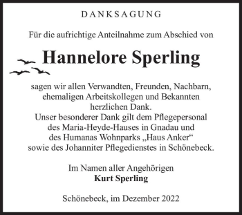 Traueranzeige von Hannelore Sperling  von Magdeburger Volksstimme