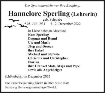 Traueranzeige von Hannelore Sperling (geb. Schwabe)  von Magdeburger Volksstimme