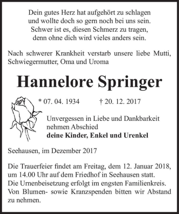 Traueranzeige von Hannelore Springer  von Magdeburger Volksstimme