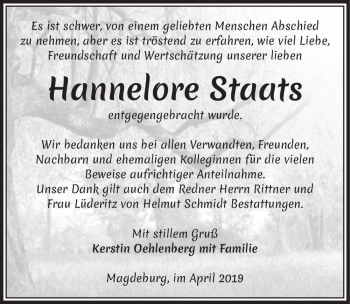 Traueranzeige von Hannelore Staats  von Magdeburger Volksstimme