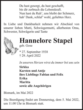 Traueranzeige von Hannelore Stapel (geb. Gose)  von Magdeburger Volksstimme