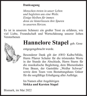 Traueranzeige von Hannelore Stapel (geb. Gose)  von Magdeburger Volksstimme