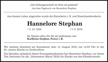 Traueranzeige von Hannelore Stephan  von Magdeburger Volksstimme