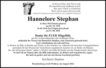 Traueranzeige von Hannelore Stephan  von Magdeburger Volksstimme