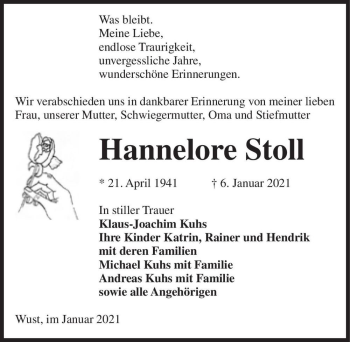 Traueranzeige von Hannelore Stoll  von Magdeburger Volksstimme