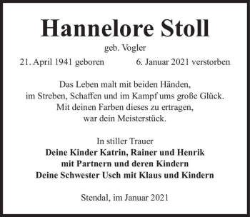 Traueranzeige von Hannelore Stoll (geb. Vogler)  von Magdeburger Volksstimme