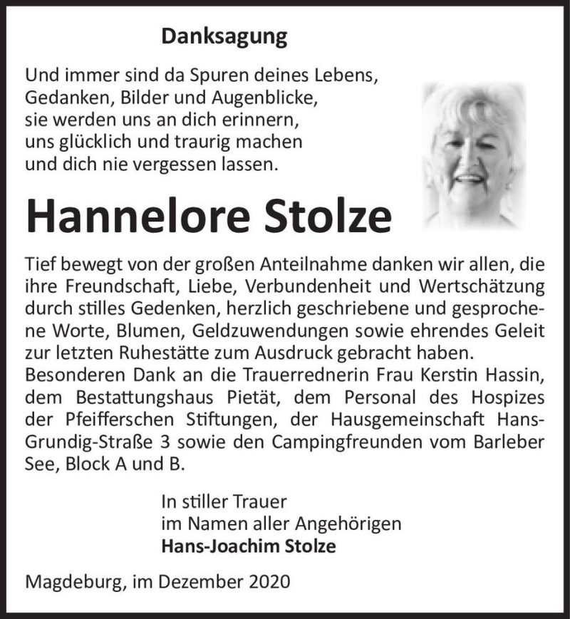  Traueranzeige für Hannelore Stolze  vom 02.01.2021 aus Magdeburger Volksstimme