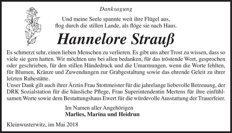  Traueranzeige für Hannelore Strauß  vom 09.06.2018 aus Magdeburger Volksstimme