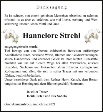 Traueranzeige von Hannelore Strehl  von Magdeburger Volksstimme