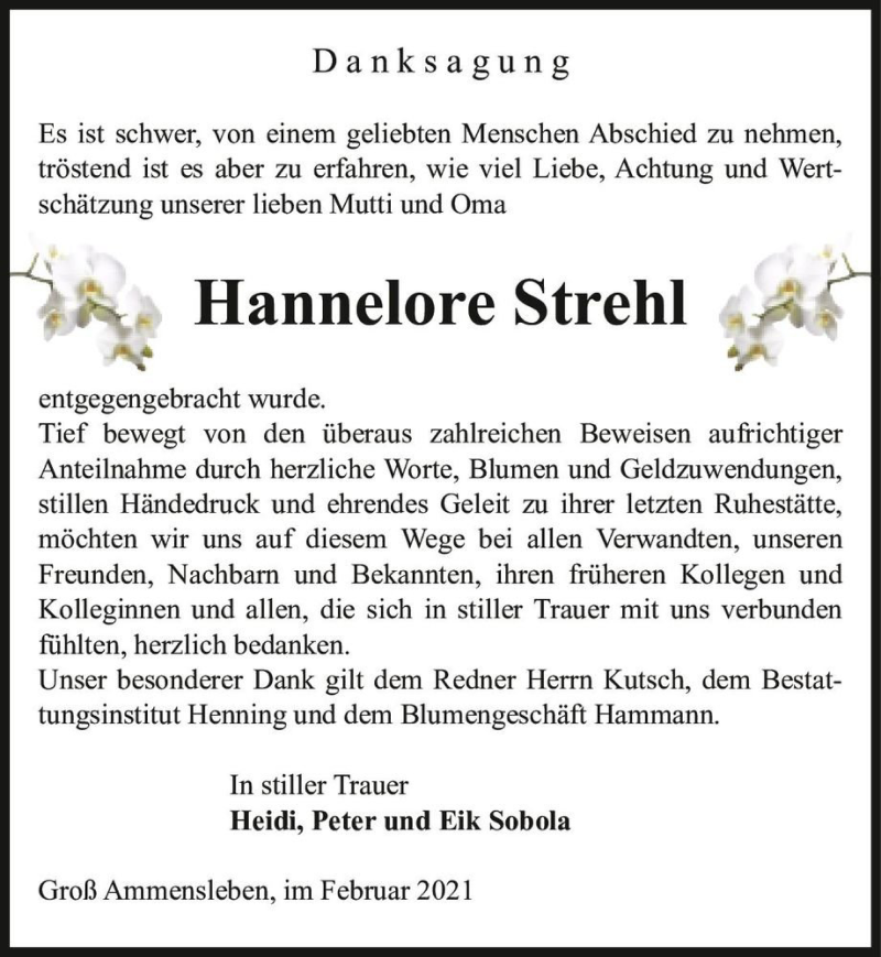  Traueranzeige für Hannelore Strehl  vom 27.02.2021 aus Magdeburger Volksstimme