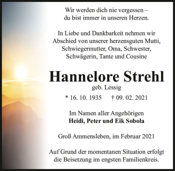 Traueranzeige von Hannelore Strehl (geb. Lessig)  von Magdeburger Volksstimme