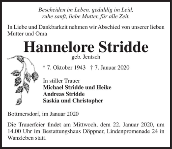 Traueranzeige von Hannelore Stridde (geb. Jentsch)  von Magdeburger Volksstimme