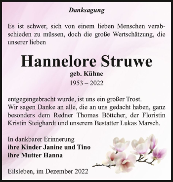 Traueranzeige von Hannelore Struwe (geb. Kühne)  von Magdeburger Volksstimme