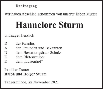 Traueranzeige von Hannelore Sturm  von Magdeburger Volksstimme