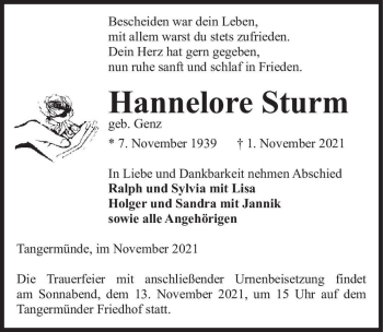 Traueranzeige von Hannelore Sturm (geb. Genz)  von Magdeburger Volksstimme
