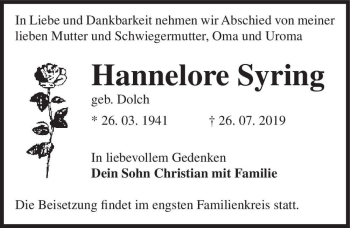 Traueranzeige von Hannelore Syring (geb. Dolch)  von Magdeburger Volksstimme