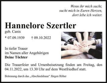 Traueranzeige von Hannelore Szertler (geb. Canis)  von Magdeburger Volksstimme