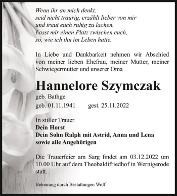 Traueranzeige von Hannelore Szymczak (geb. Bathge)  von Magdeburger Volksstimme