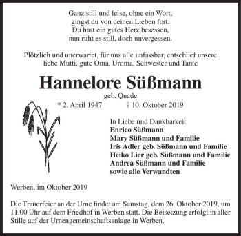 Traueranzeige von Hannelore Süßmann (geb. Quade)  von Magdeburger Volksstimme