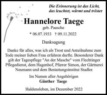 Traueranzeige von Hannelore Taege (geb. Paasche)  von Magdeburger Volksstimme