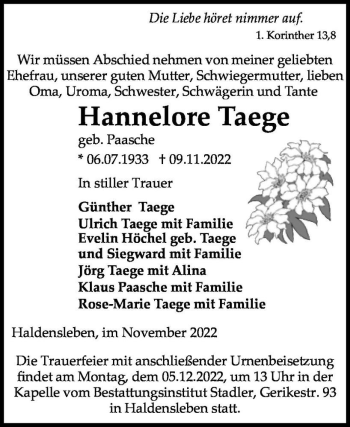 Traueranzeige von Hannelore Taege (geb. Paasche)  von Magdeburger Volksstimme