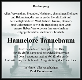Traueranzeige von Hannelore Tannebaum  von Magdeburger Volksstimme
