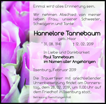 Traueranzeige von Hannelore Tannebaum (geb. Haar)  von Magdeburger Volksstimme