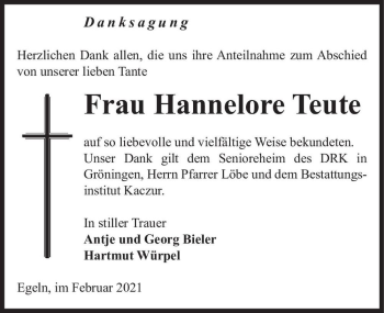 Traueranzeige von Hannelore Teute  von Magdeburger Volksstimme