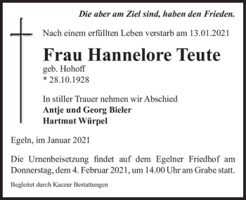 Traueranzeige von Hannelore Teute (geb. Hohoff)  von Magdeburger Volksstimme