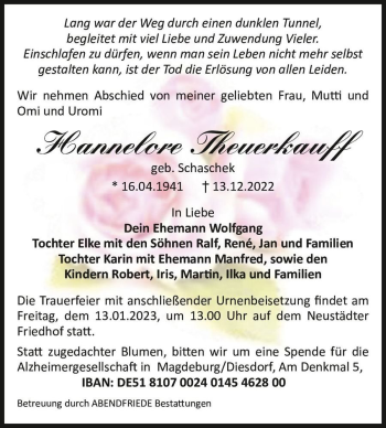 Traueranzeige von Hannelore Theuerkauff (geb. Schaschek)  von Magdeburger Volksstimme