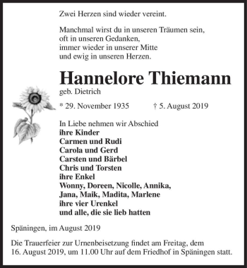 Traueranzeige von Hannelore Thiemann (geb. Dietrich)  von Magdeburger Volksstimme