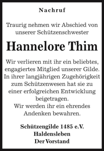 Traueranzeige von Hannelore Thim  von Magdeburger Volksstimme